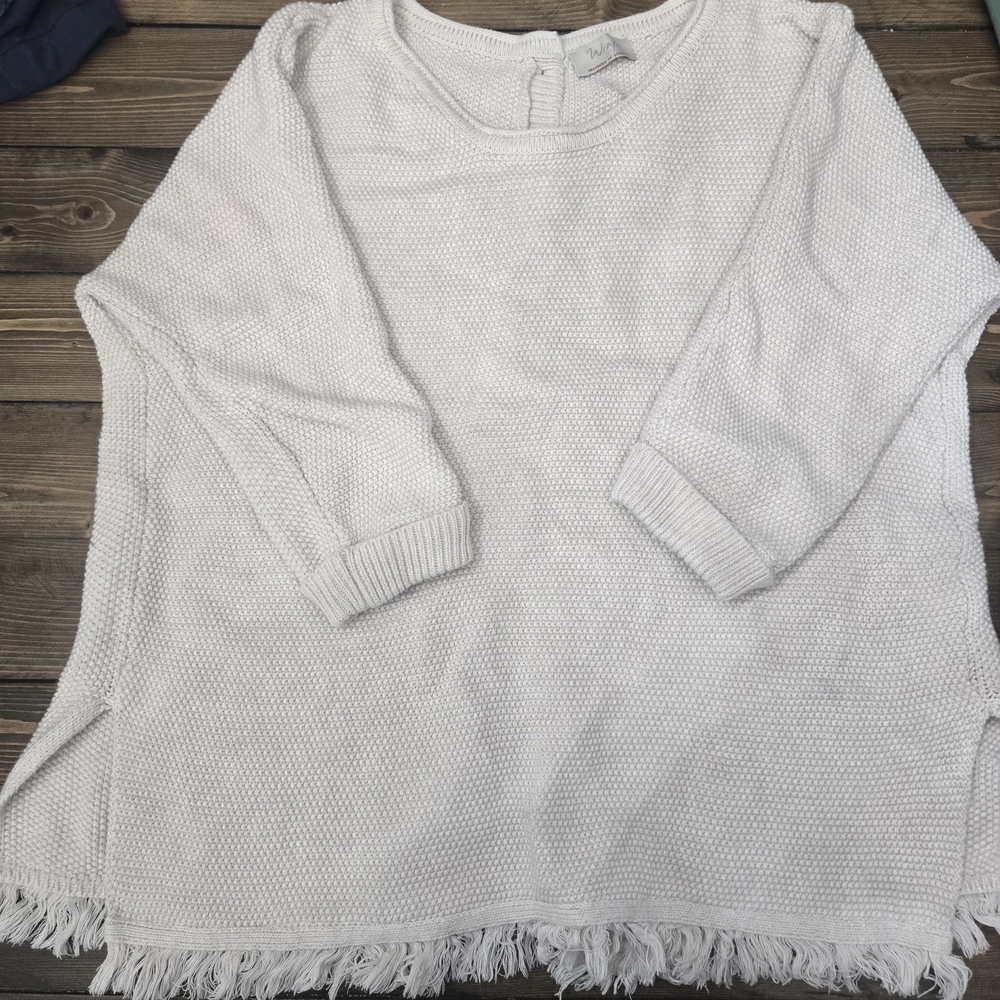 Women's White Wrap 100% Cotton Sweater With Cute Fringe And Button Down Back L